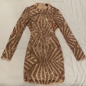 Rose Gold Sequin Long Sleeve Dress w Open Back